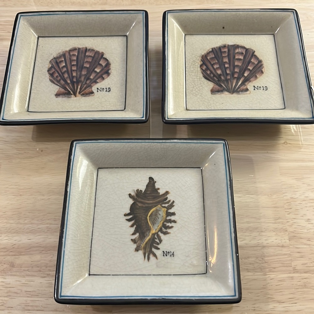 NEW Decorative Ceramic shell catchall with lip. Set of 3. 4.75”x4.75”x1”.